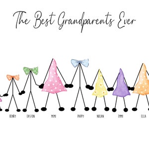 May include: A colorful illustration of a family with the text "The Best Grandparents Ever". The family is depicted as stick figures with different colored dresses and bow ties. The names of the family members are listed below the figures: Sophie, Henry, Easton, Mimi, Pappy, Nolan, Emmi, and Ella.