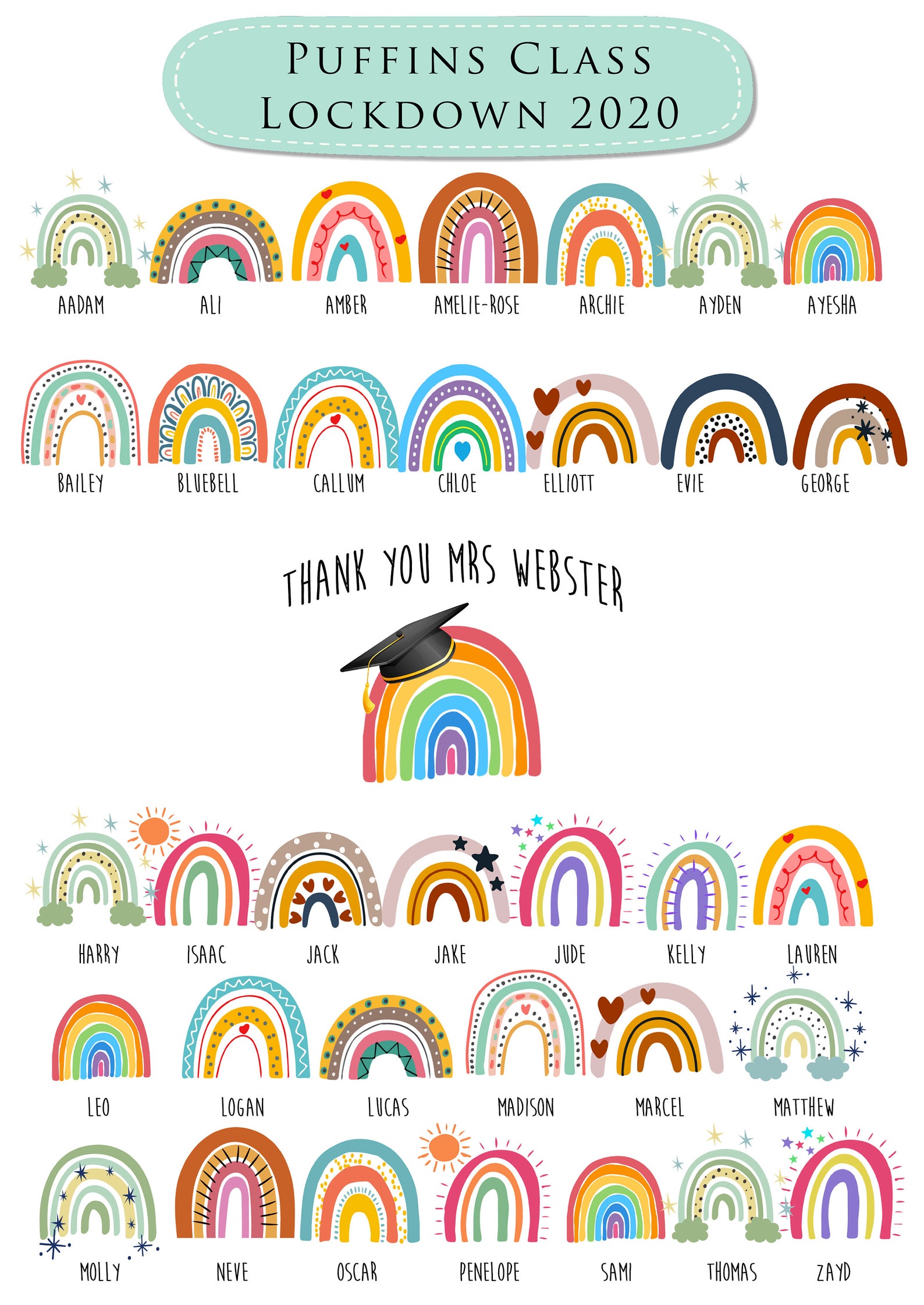 Personalised Rainbow Class Print, Teacher Thank You Gift (unframed ...