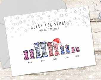 Personalized Welly Boots Family Christmas Cards, Pack of 12