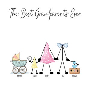May include: A stick figure family illustration with the text "The Best Grandparents Ever". The family includes a baby in a stroller, a child holding a yellow umbrella, a woman in a pink polka dot dress, a man with a blue bow tie, and a child in a blue diaper.