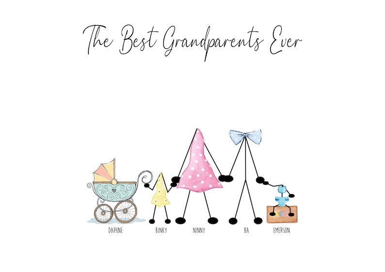 May include: A stick figure family illustration with the text "The Best Grandparents Ever". The family includes a baby in a stroller, a child holding a yellow umbrella, a woman in a pink polka dot dress, a man with a blue bow tie, and a child in a blue diaper.