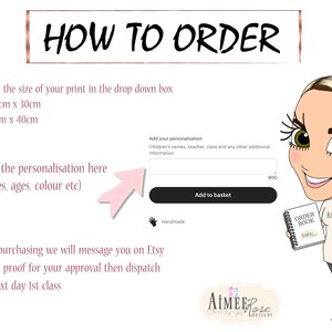 Op de afbeelding: Illustratie getiteld "HOW TO ORDER" met instructies voor het personaliseren van prints. Bevat maatopties: A4 (20cm x 30cm) en A3 (30cm x 40cm). Toont een cartoonfiguur met een orderboek en een knop "Toevoegen aan winkelmand."