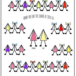May include: A colorful thank you card for the leavers of 2018. The card features stick figures with bows and different colored triangles. The text "Thank you love the leavers of 2018 XX" is at the top of the card. The text "Jabberwocky's Day Nursery Simply the Best!" is at the bottom of the card.