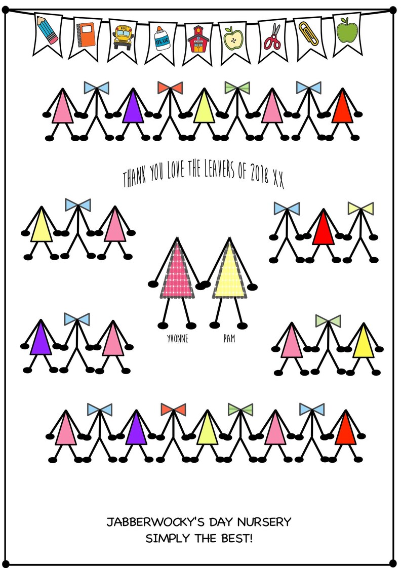 May include: A colorful thank you card for the leavers of 2018. The card features stick figures with bows and different colored triangles. The text "Thank you love the leavers of 2018 XX" is at the top of the card. The text "Jabberwocky's Day Nursery Simply the Best!" is at the bottom of the card.