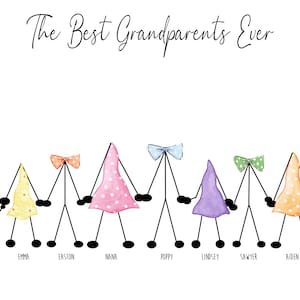 May include: The Best Grandparents Ever, a colorful illustration of stick figures holding hands, each wearing a different colored dress with polka dots. The names Sophie, Emma, Easton, Nana, Poppy, Lindsey, Sawyer, and Aiden are written below the figures.