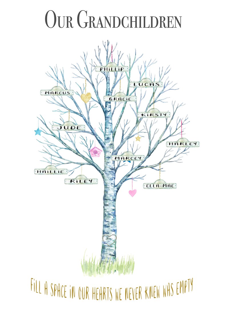 May include: A watercolor illustration of a birch tree with branches extending out to the sides. The tree trunk has a heart carved into it. Hanging from the branches are small wooden signs with names written on them, including Phillip, Lucas, Marcus, Gracie, Jude, Haillie, Riley, Kirsty, Harley, Marcey, and Ella-Mae. The text "OUR GRANDCHILDREN" is at the top of the image and the text "FILL A SPACE IN OUR HEARTS WE NEVER KNEW WAS EMPTY" is at the bottom of the image.