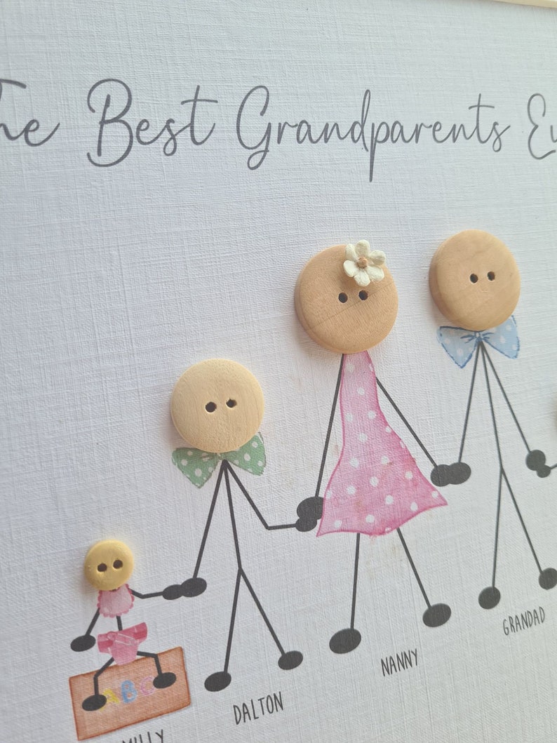 May include: A handmade card with the text "The Best Grandparents Ever" and a family of stick figures made from buttons. The stick figures are labeled "Nanny", "Grandad", "Dalton", and "Milly".