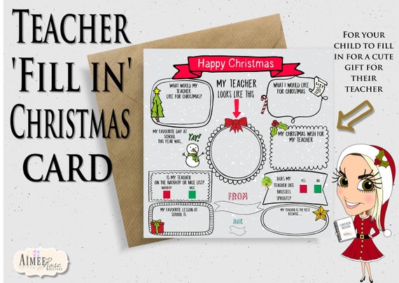 Teacher Christmas card fill in the blanks, Teacher gifts personalised.