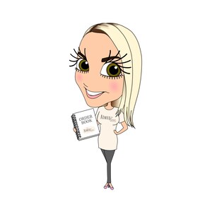 May include: A cartoon illustration of a woman with blonde hair holding an order book. The book has the text "Order Book" and "Aimee Rose" on the cover. The woman is wearing a white t-shirt with the text "Aimee Rose" on it.