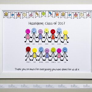 May include: A white framed picture with a colorful button art piece of stick figures representing a class of students. The title reads "Hazeldene, Class of 2017". The caption below the art piece reads "Thank you so much for everything you have done for us all x".