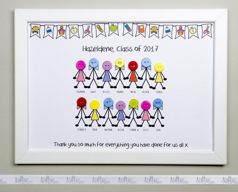 May include: A white framed picture with a colorful button art piece of stick figures representing a class of students. The title reads "Hazeldene, Class of 2017". The caption below the art piece reads "Thank you so much for everything you have done for us all x".