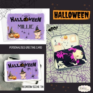 Cadeau d'Halloween, ours dans une boîte, sorceleur miniature, enfants, carte de vœux personnalisée, truc ou friandise, petits-enfants d'Halloween présents