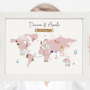 Impression de carte de destination de voyage de couple, personnalisée, aquarelle, Saint-Valentin, cadeau d'anniversaire, cadeau de voyageurs, carte d'itinéraire de croisière