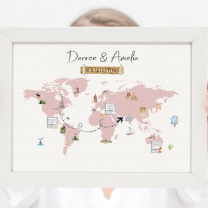 Couple travel destination map print, personalised, watercolour, Valentines, Anniversary gift.