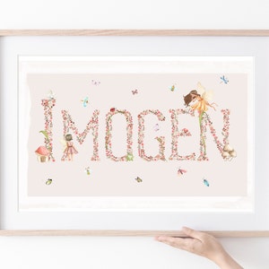 Meisjes slaapkamer fee naam poster, pastel, gepersonaliseerde slaapkamer artwork, grillig thema, eerste print, roze bloemen, vlinders, bloemen