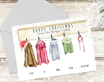Custom Family Portrait Christmas Card, Personalized Winter Coats Illustration