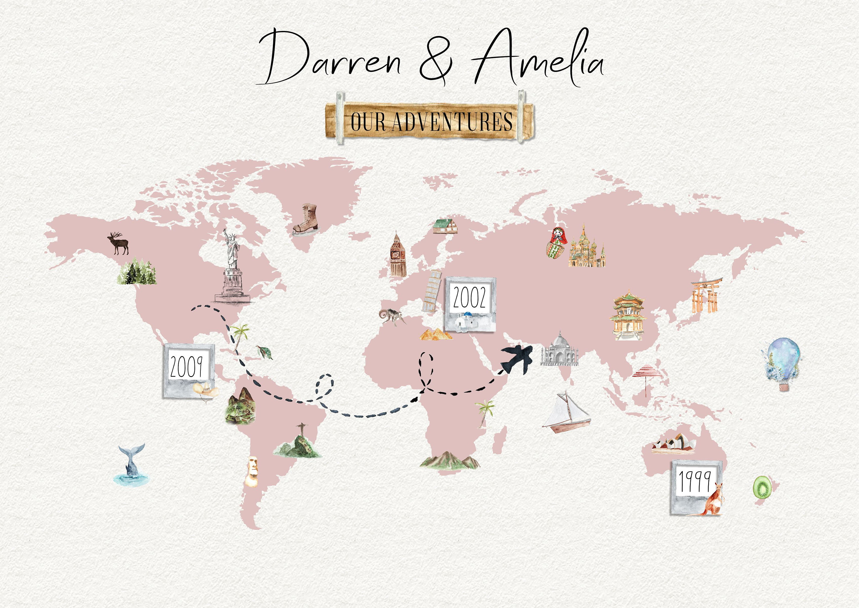 Couple travel destination map print personalised | Etsy