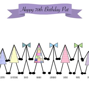 May include: A birthday card with a banner that says "Happy 70th Birthday Pat".  The card features a line of stick figures holding hands, each wearing a different patterned party hat.