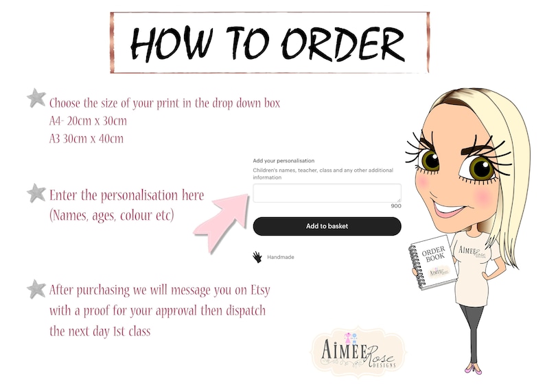 May include: How to order a personalized print. Choose the size: A4 (20cm x 30cm) or A3 (30cm x 40cm). Enter the personalization details, such as names, ages, and colors. Add to basket. Handmade.
