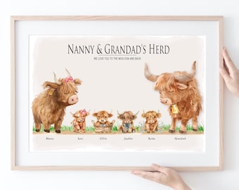 grandchildren print, personalised family, gift for grandma, Highland cow family,  gift for grandmother, nanny, grandparents, grandad gift