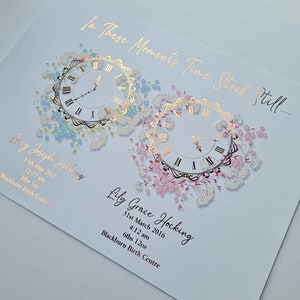 When time stood still clock print, Birth time art, Mother&#39;s Day Print for Mum, Time clock print, watercolour, rose gold clock, foil art