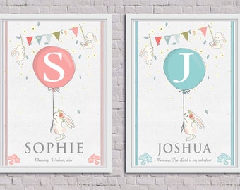 Baby name meaning nursery art, Baby initial print