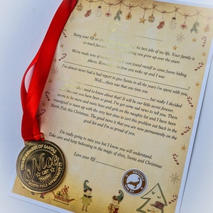 Elf goodbye break up letter and nice list Christmas medal, gold foil finish, North Pole approved