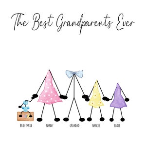 May include: A whimsical illustration of five stick figures holding hands, with the text "The Best Grandparents Ever" at the top. The figures are dressed in colorful dresses and have names written below them: Baby Mark, Nanny, Grandad, Nancie, and Eadie.