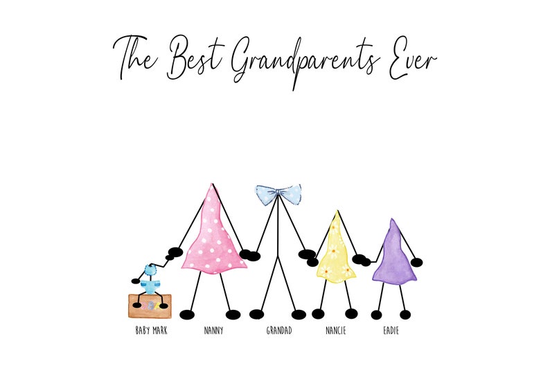 May include: A whimsical illustration of five stick figures holding hands, with the text "The Best Grandparents Ever" at the top. The figures are dressed in colorful dresses and have names written below them: Baby Mark, Nanny, Grandad, Nancie, and Eadie.