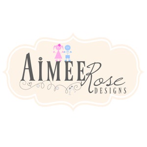 May include: Aimee Rose Designs logo with a stylized cursive font and a whimsical illustration of a girl and boy holding hands. The logo is set against a cream background with a decorative border.
