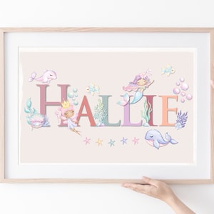 Tema de la sirena del arte del nombre del dormitorio de las niñas, decoración de la pared de la sirena personalizada, decoración del cuarto de niños bajo el mar, signo de nombre personalizado
