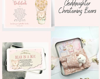 Goddaughter Christening gift, guidance bear in a box, naming day, miniature teddy, baby girl, From the Godparents, Baptism print