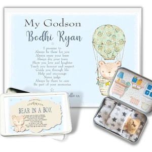 Christening gift, guidance bear in a box, naming day, miniature teddy, blue, baby boy, From the Godparents, Baptism print, Godson