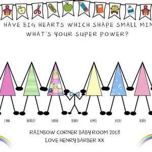 May include: A colorful illustration of a group of stick figures holding hands, each with a different patterned triangle shape. The text reads "We have big hearts which shape small minds. What's your super power?" and "Rainbow Corner Baby Room 2018 Love Henry Barber XX".