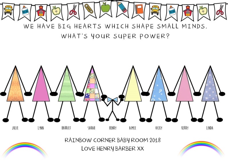May include: A colorful illustration of a group of stick figures holding hands, each with a different patterned triangle shape. The text reads "We have big hearts which shape small minds. What's your super power?" and "Rainbow Corner Baby Room 2018 Love Henry Barber XX".