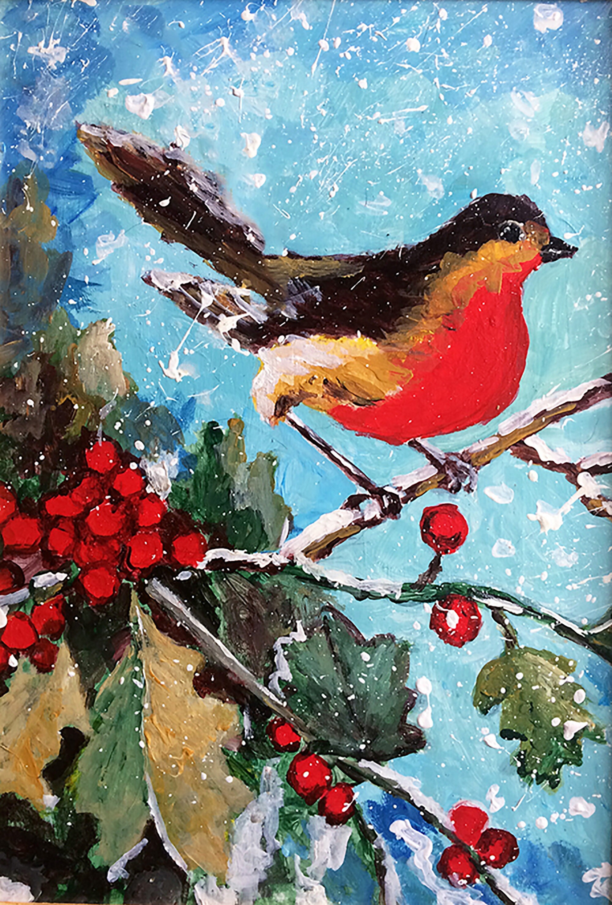 Red Bird Painting Bird on a branch Original Art Nature Wall Etsy