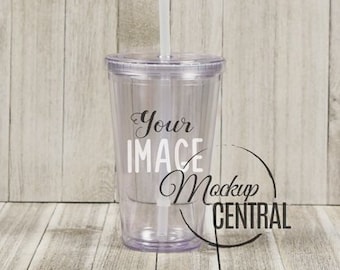 Clear Acrylic Insulated Tumbler 16 oz Cup Mockup Stock Photography on Wood Tabletop, Graphic Design Mock Up Photo, JPG Digital Download