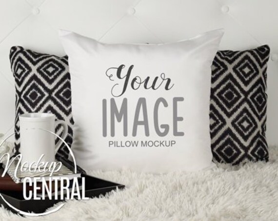 Blank White Square Mockup Pillow Product Display Bedroom Photo