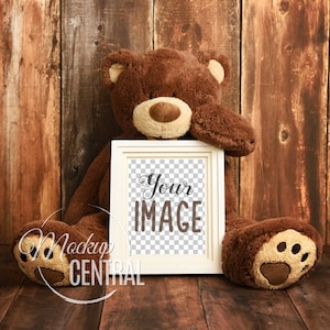 Empty Blank Frame Nursery Stock Styled Photography - Giant Stuffed Animal Teddy Bear on Wood Background, Product Mockup - Photo Mock Up