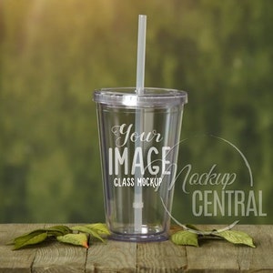 Clear Acrylic Insulated Tumbler 16 oz Cup Mockup Stock Photography on Wood Tabletop, Graphic Design Mock Up Photo, JPG Digital Download