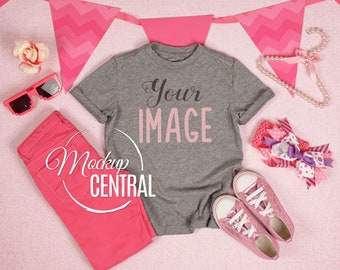 Blank Girl's Gray T-Shirt Mockup, Children's Pink Design Styled Stock Photography, Child Grey Clothing Mock Up, Flat Top View - JPG Download