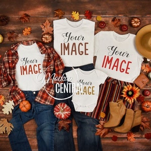 Fall Family T-Shirt Mockup Photo, Blank White Styled Stock Photography, Halloween Mock Up Shirts, Top View Flat Lay, JPG Template