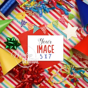 Cartão de convite de festa de aniversário branco em branco Design de maquete plana, convite de simulação de foto de estoque, modelo de papelaria A7 - download digital JPG