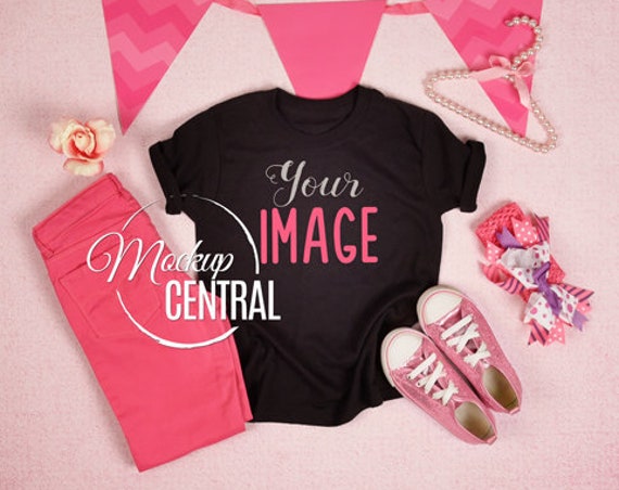 Blank Girls Black T-Shirt Mockup Childrens Pink Design Styled