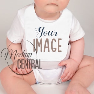 Baby Newborn White Bib Mockup, Fashion Design Styled Stock Photography, Toddler Mock Up on Model, JPG Download