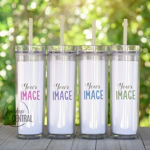 Clear Tall 16 oz Skinny Tumblers Mockup Party Set van 4, Spring Cup Mock up Stock Fotografie op houten tafelblad, JPG-foto Digitale Download