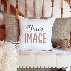 Square Mockup Pillow on Bench, Living Room Chair Photo Mock Up, Mockup Throw Pillow, Styled Stock Photography, JPG Instant Download