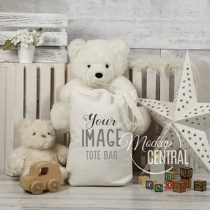 Lege witte doek Tote tas Mockup, kinderdagverblijf Baby tas Mock Up, gestyled stockfotografie Mockup ontwerp, JPG digitale Download