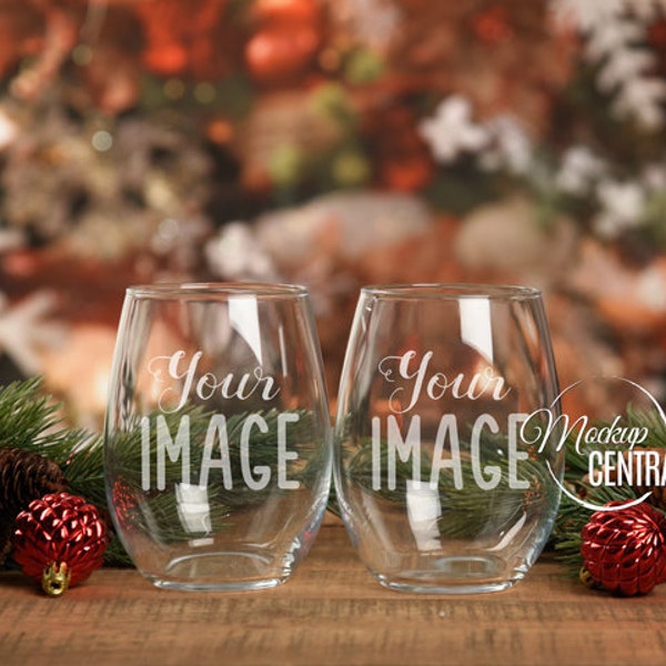 Christmas Stemless Wine Glass Mockup - Styled Stock Photography - Clear Couple Glasses Graphic Design Mock Up, JPG Digital Download
