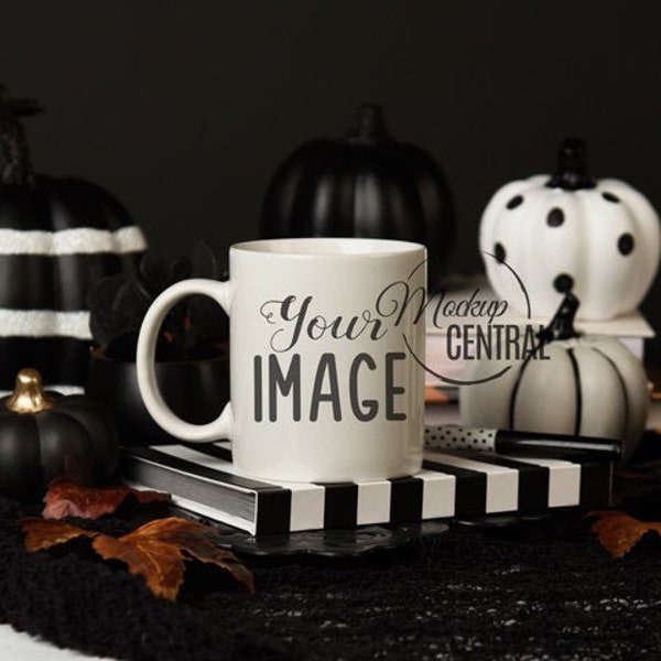 Halloween Coffee Glass Cup Mockup - Black and White Stock Photography, Dark Mug Photo Graphic Design Mock Up, JPG Digital Download